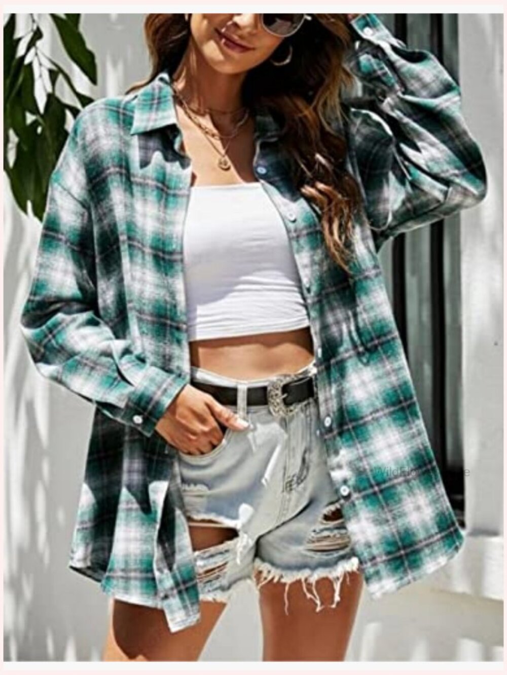 Oversized Flannel Plaid Button Down Shirt Blouse Top - Picture 4 of 7